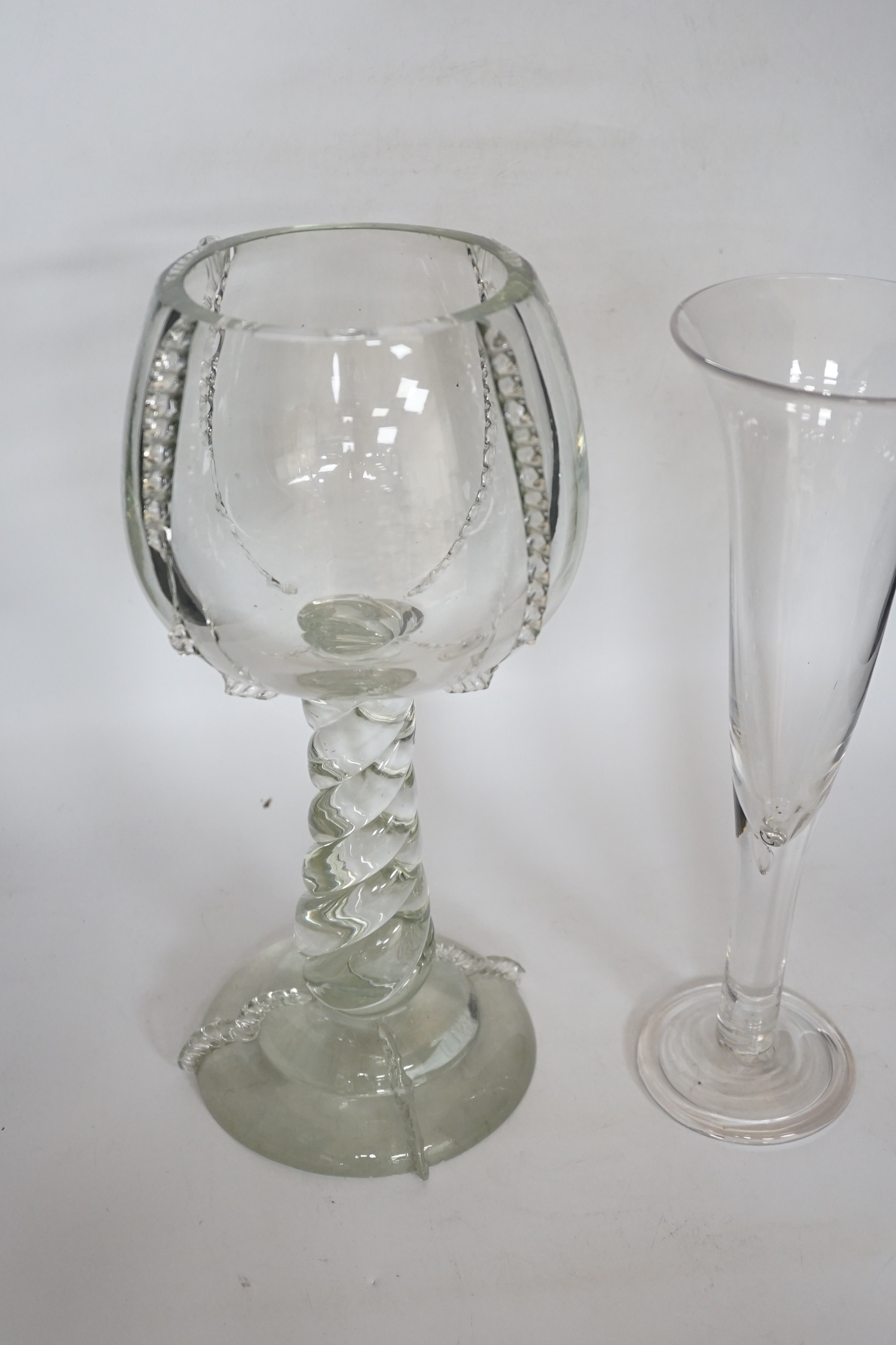 A large glass centrepiece and a tear drop trumpet shaped vase, 38cm